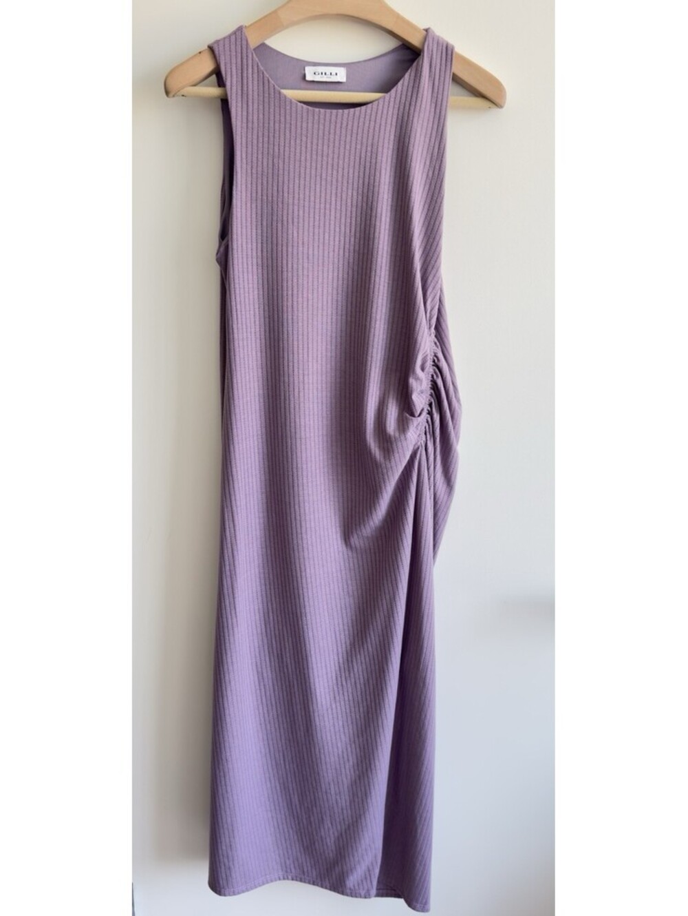 Gilli Ribbed Midi Dress Lavender Side Ruched Sleeveless Bodycon Size L